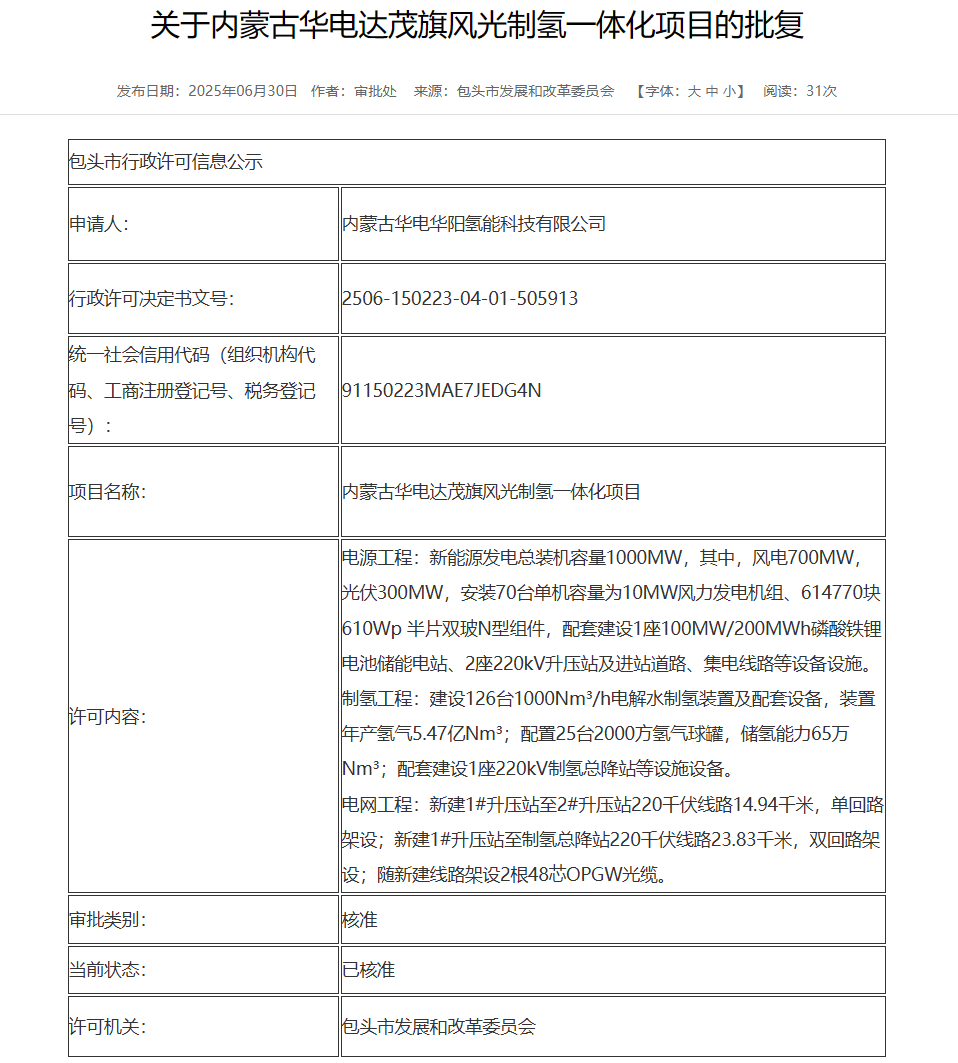 70臺10MW！華電風光制氫一體化項目獲批復